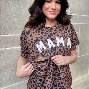 Mama Leopard Print Nursing Tee - Brown